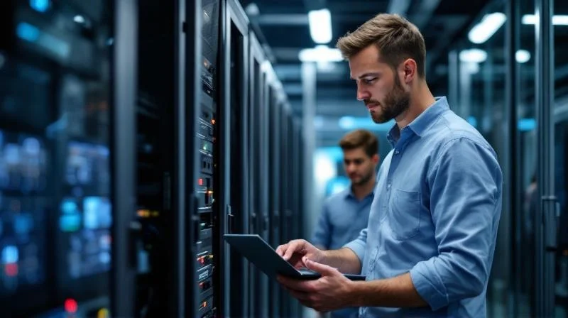 Ausbilder in einem Paderborner IT-Unternehmen erklärt einer Auszubildenden Konfigurationen am Server