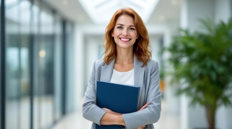 Berufstaetige Frau aus Paderborn haelt ihr IHK-Zeugnis in einem hellen Buero