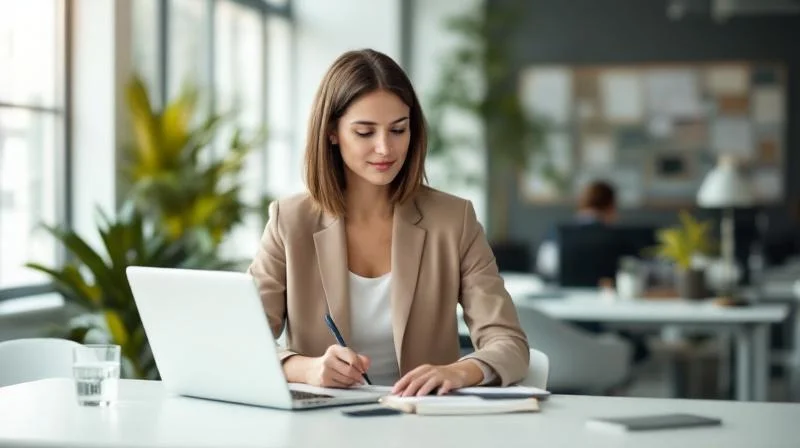 Frau macht Notizen am Laptop in einem modernen Coworking-Space in Paderborn