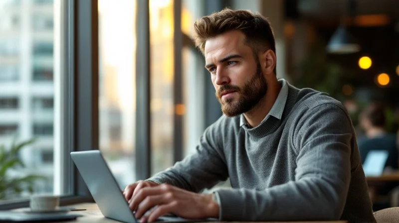 Paderborner Angestellter im Coworking-Space mit Laptop, im Hintergrund moderne Software-Entwicklungslandschaft