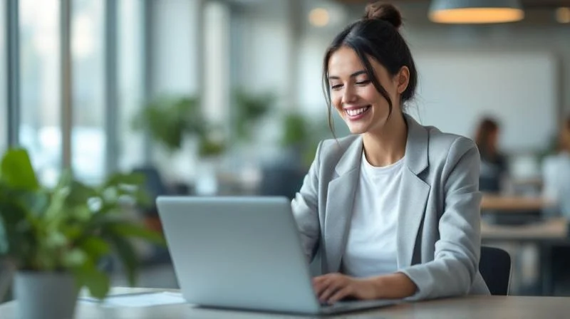 Frau sitzt mit Laptop in einem modernen Buero in Paderborn und lernt digitale Prozesse