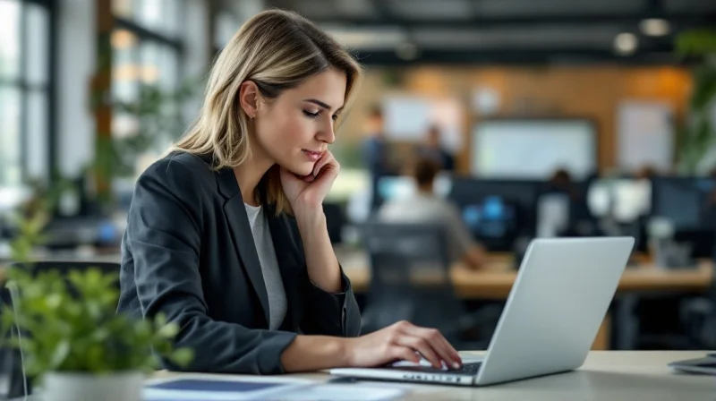 Paderborner Geschäftsführerin im modernen IT-Büro mit Laptop, im Hintergrund Software-Entwicklungslandschaft