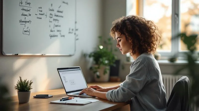 Quereinsteigerin lernt KI-Tools am Laptop in einer Paderborner Wohnung
