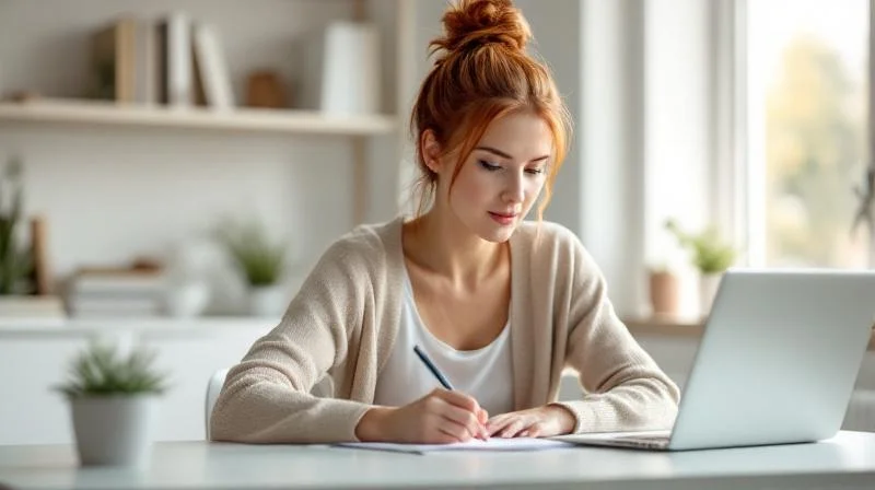 Frau in Paderborn lernt am Schreibtisch fuer ihre berufliche Neuorientierung in der IT-Branche