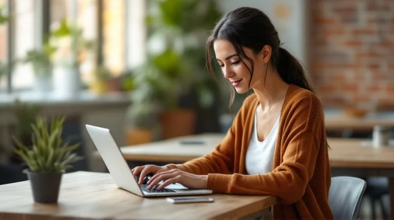 Frau arbeitet konzentriert am Laptop in einem modernen Coworking-Space in Paderborn